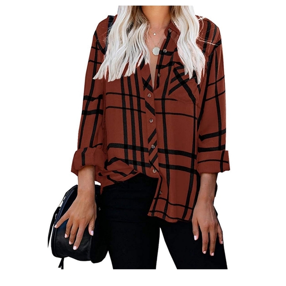 Tops - NEW Long Sleeve V-Neck Stripes Plaid Casual Blouses Pocket Button Down Shirt